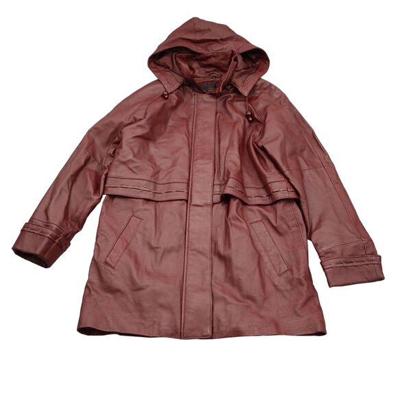 Phase Two Jacket Womens M Brown Long Sleeve Hooded Leather Zip Drawstring Pocket - Picture 1 of 16